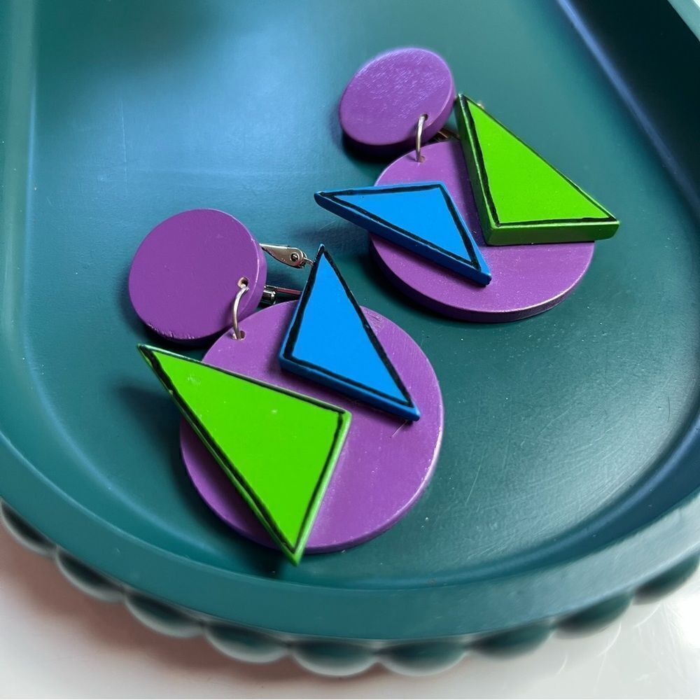 Massive Vintage 1980s Handmade One of a Kind Colorful Wooden Clip Earrings